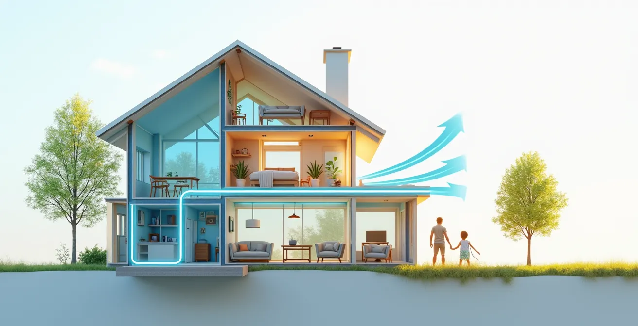 Coupe d'une maison montrant la circulation de l'air sain grâce à une isolation performante couplée à une ventilation mécanique