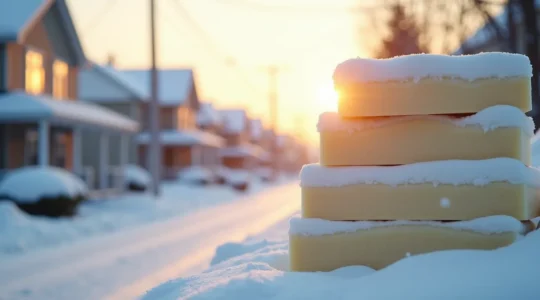 Panneaux PIR empilés devant un paysage hivernal québécois avec neige et maisons en arrière-plan