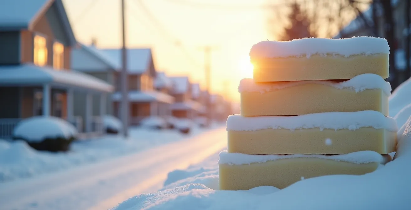 Panneaux PIR empilés devant un paysage hivernal québécois avec neige et maisons en arrière-plan
