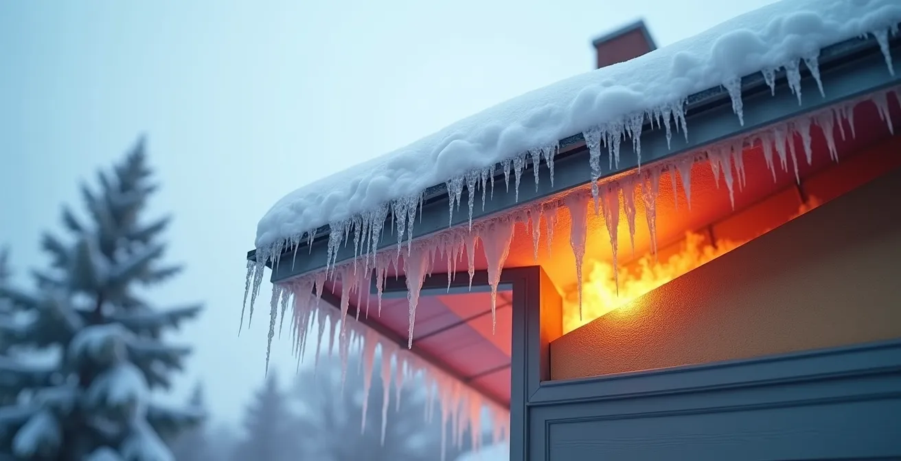 Formation de barrages de glace sur un toit québécois en hiver révélant une isolation déficiente