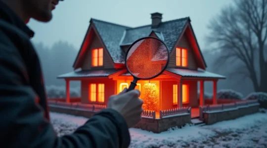 Maison vue en coupe avec zones de déperdition thermique en surbrillance rouge et un détective examinant avec une loupe