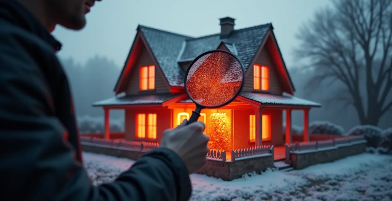 Maison vue en coupe avec zones de déperdition thermique en surbrillance rouge et un détective examinant avec une loupe