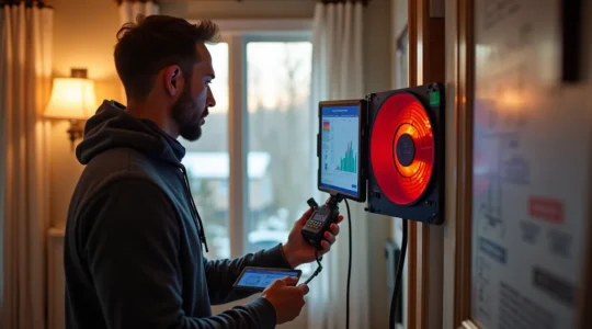 Professionnel effectuant une évaluation énergétique complète d'une maison québécoise avec outils de mesure