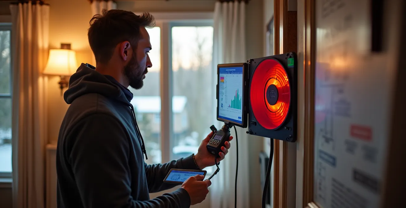 Professionnel effectuant une évaluation énergétique complète d'une maison québécoise avec outils de mesure