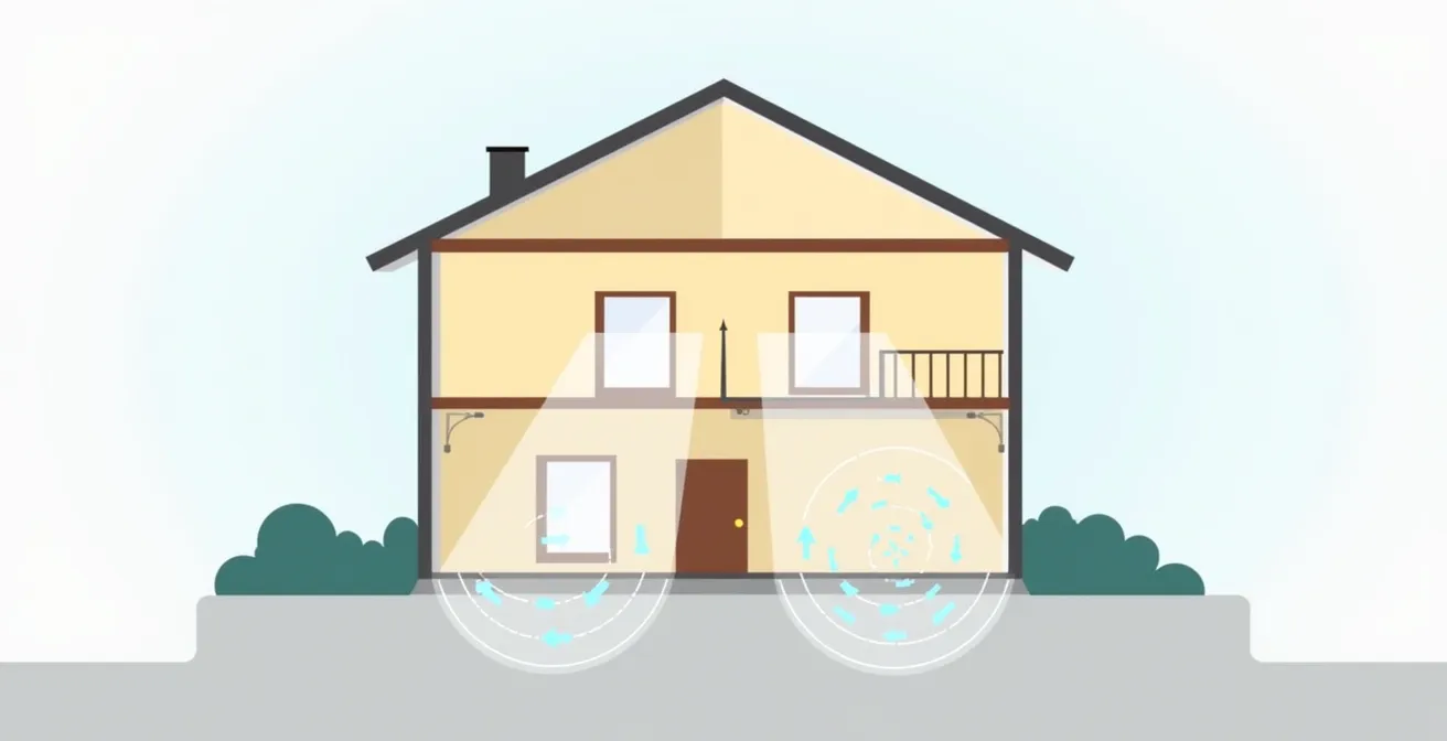 Schéma expliquant l'effet cheminée dans une maison attirant l'air froid par le plancher bas