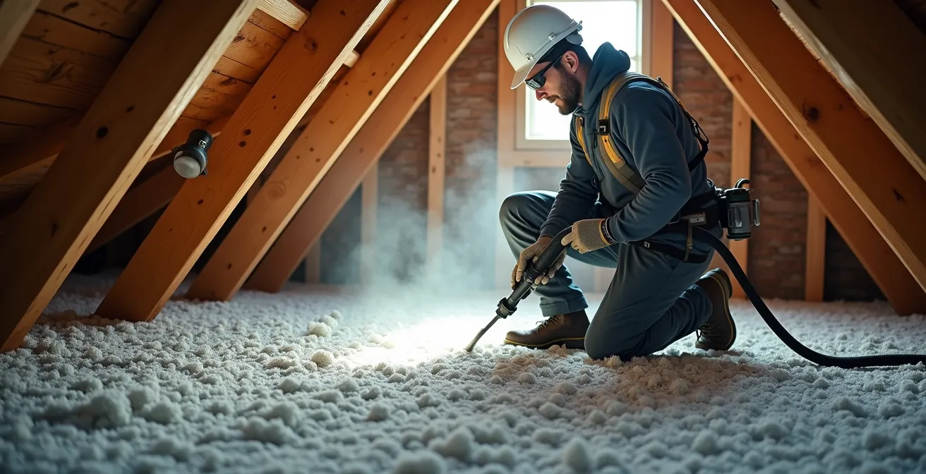 Installation d'isolation à la cellulose soufflée dans un entretoit au Québec par un professionnel certifié