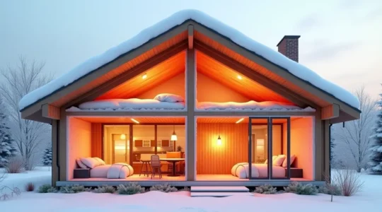 Vue en coupe d'une maison québécoise montrant l'isolation des combles et la réduction des pertes de chaleur