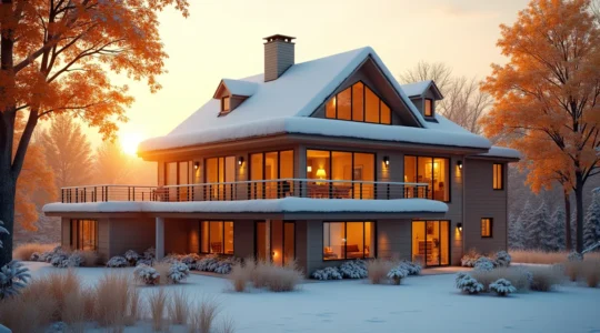 Maison moderne au Québec entourée d'éléments symbolisant les quatre saisons, avec isolation thermique visible