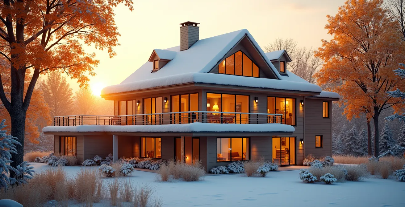 Maison moderne au Québec entourée d'éléments symbolisant les quatre saisons, avec isolation thermique visible