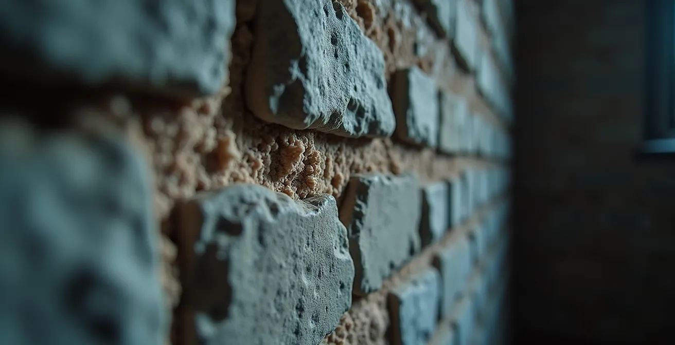 Représentation d'une paroi ancienne avec une lame d'air entre le mur en pierre et l'isolant pour gérer l'humidité