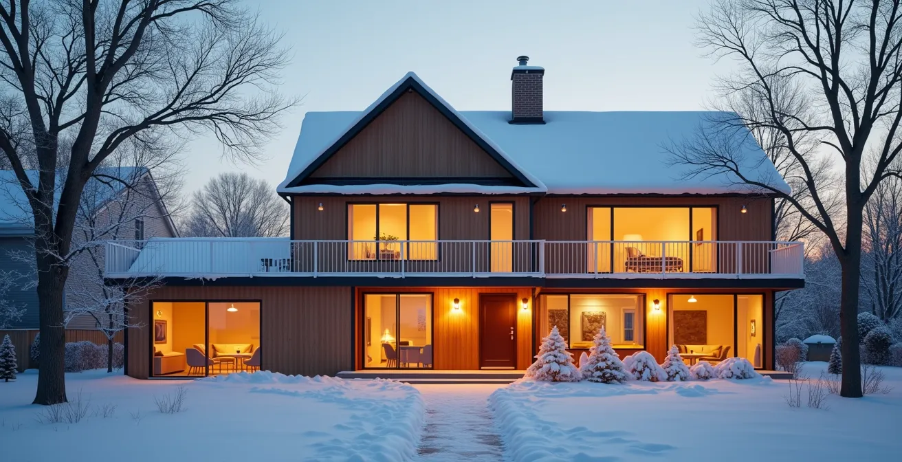 Maison québécoise avec murs extérieurs et mitoyens illustrant l'isolation thermique et acoustique