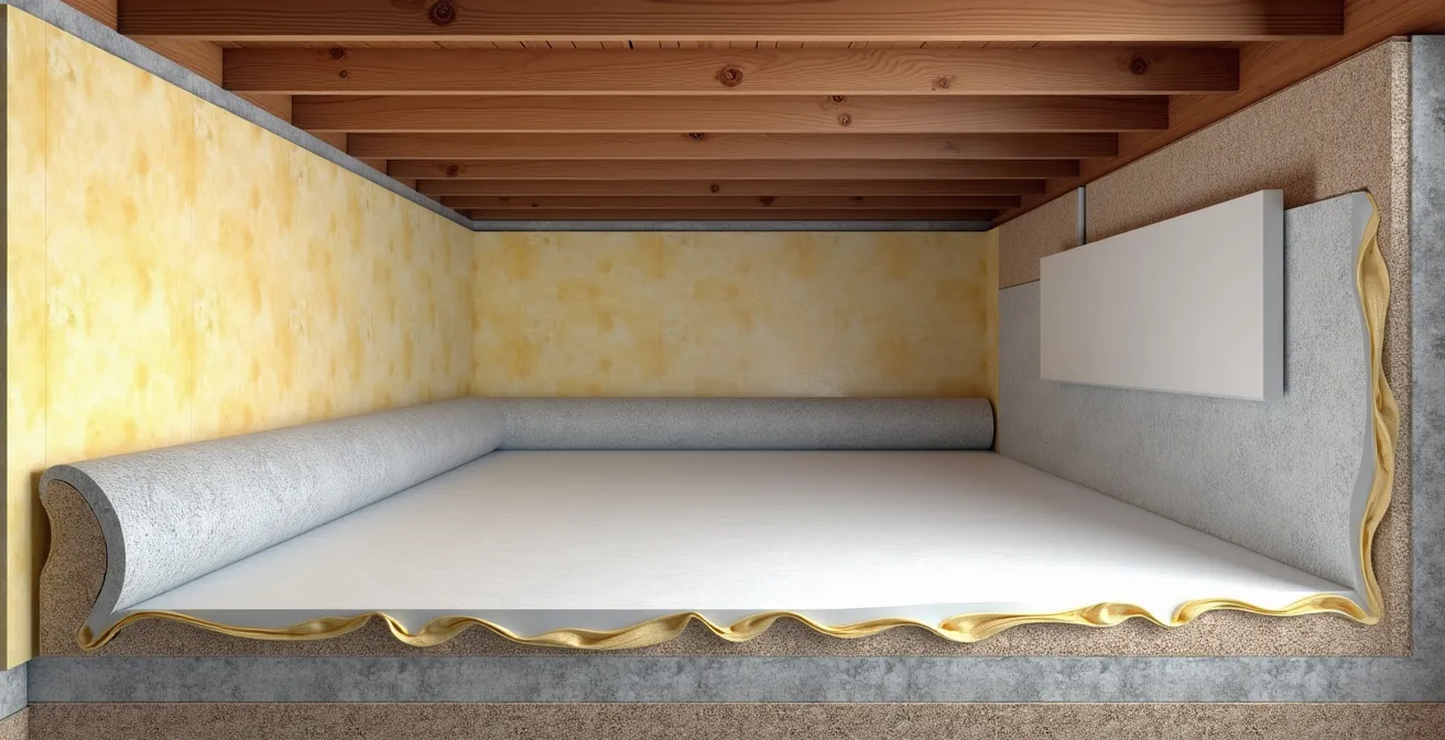 Illustration schématique d’un vide sanitaire montrant l’isolation thermique et un pare-vapeur entourant le sol et les murs avec contrôle de l’humidité