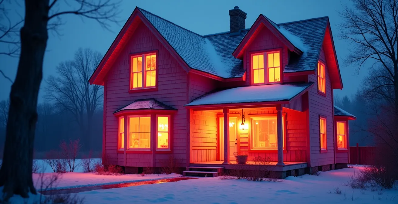 Image thermographique montrant les ponts thermiques visibles sur une maison typique au Québec