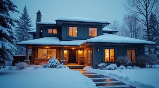 Photographie d'une maison familiale typique du Québec en hiver, avec une toiture fraîchement isolée, entourée de neige, symbolisant la performance énergétique et la protection contre le froid