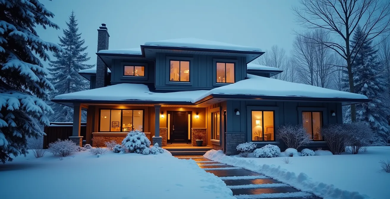 Photographie d'une maison familiale typique du Québec en hiver, avec une toiture fraîchement isolée, entourée de neige, symbolisant la performance énergétique et la protection contre le froid