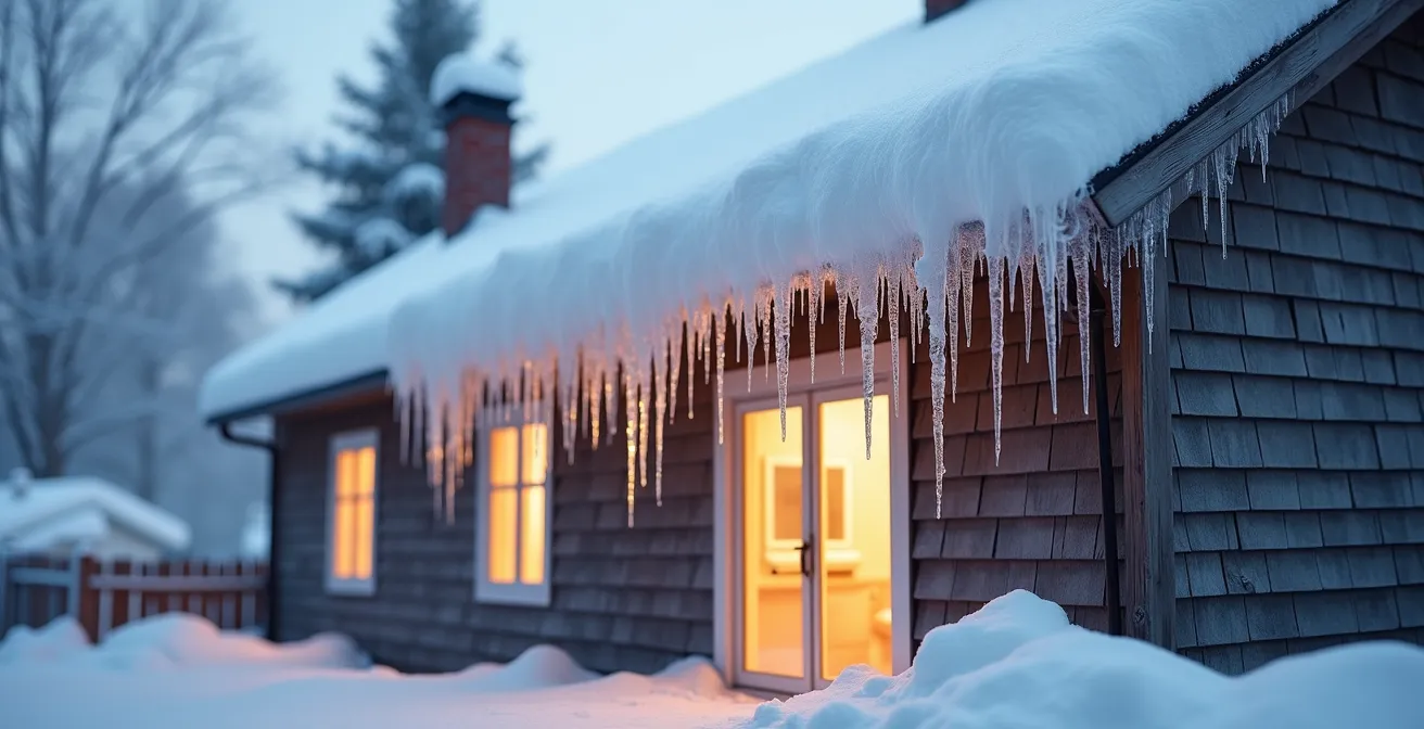 Toit de maison québécoise montrant des stalactites de glace formées par les pertes de chaleur des combles