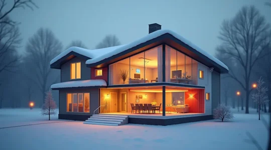 Représentation visuelle d'une maison québécoise avec système intégré d'isolation, ventilation et chauffage pour une performance énergétique optimale