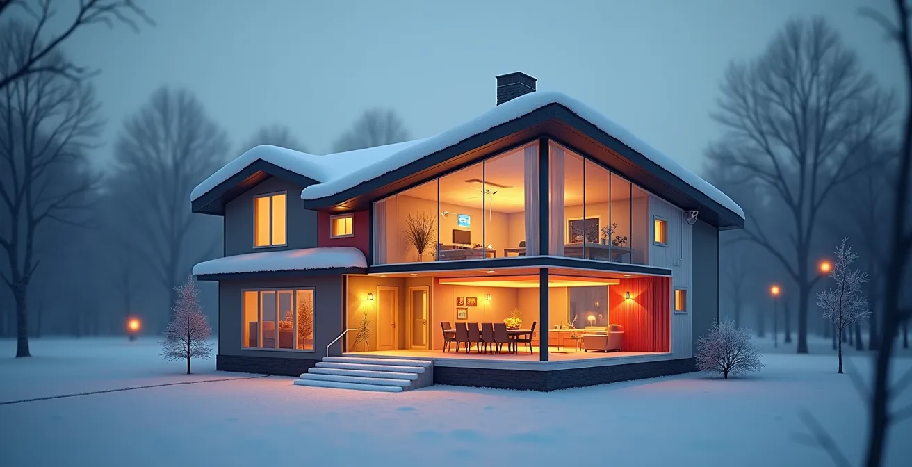Représentation visuelle d'une maison québécoise avec système intégré d'isolation, ventilation et chauffage pour une performance énergétique optimale