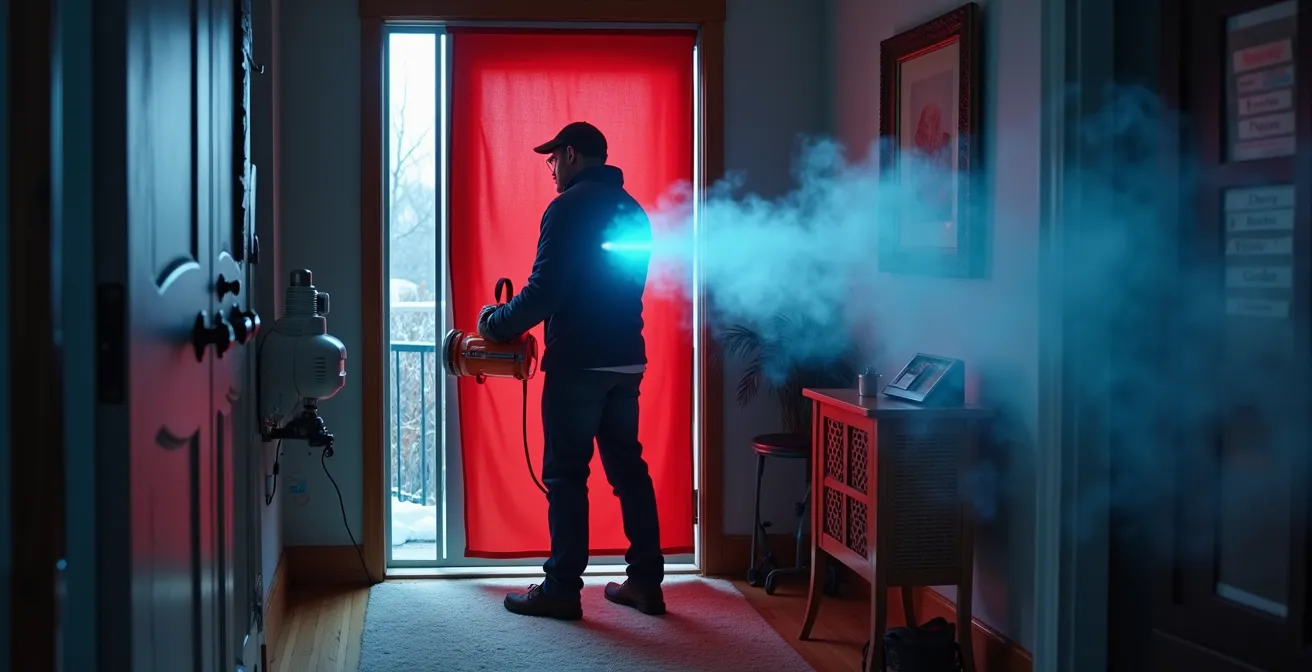 Technicien réalisant un test d'infiltrométrie avec ventilateur de porte pour détecter les fuites d'air dans une maison québécoise