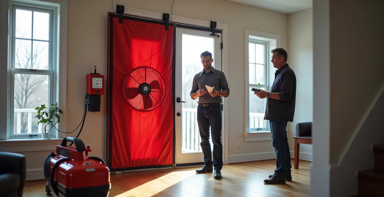 Conseiller énergétique réalisant un test d'infiltrométrie avec ventilateur installé dans l'embrasure d'une porte
