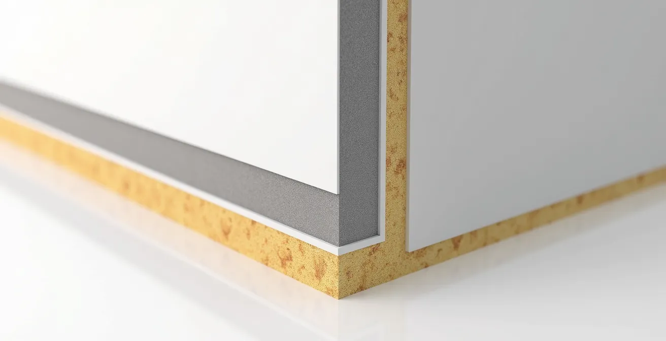 Illustration technique montrant la jonction plancher-mur avec isolation rigide, étanchéité à l’air, et rupture thermique