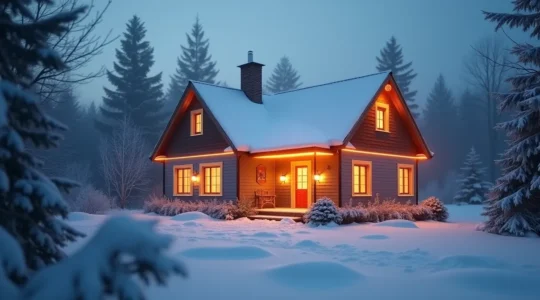Maison québécoise isolée avec neige sur le toit et représentation graphique de la valeur R thermale