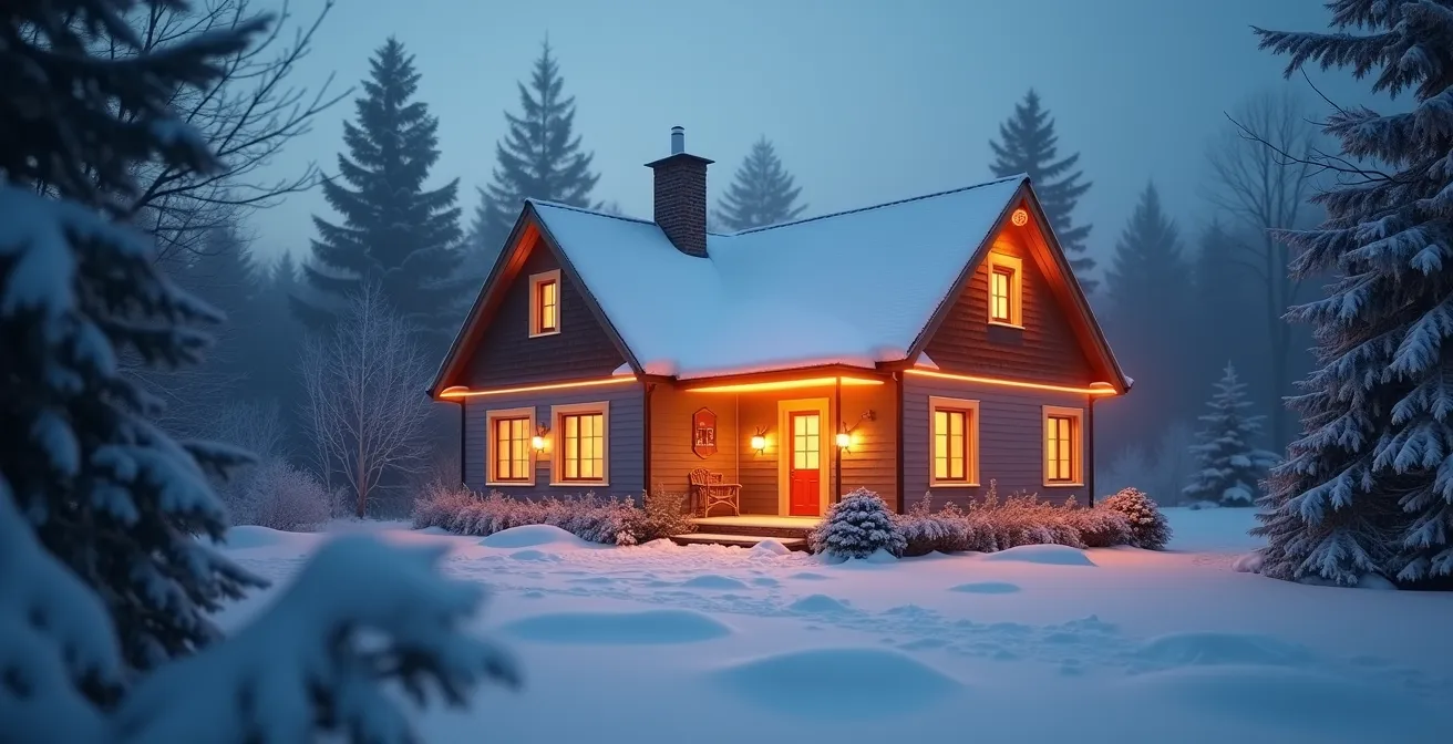 Maison québécoise isolée avec neige sur le toit et représentation graphique de la valeur R thermale