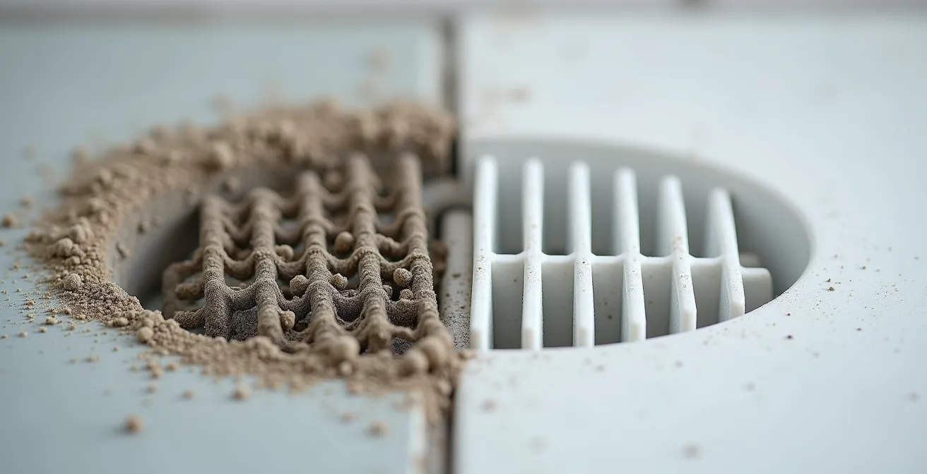 Comparaison avant-après d'une bouche de VMC encrassée puis nettoyée