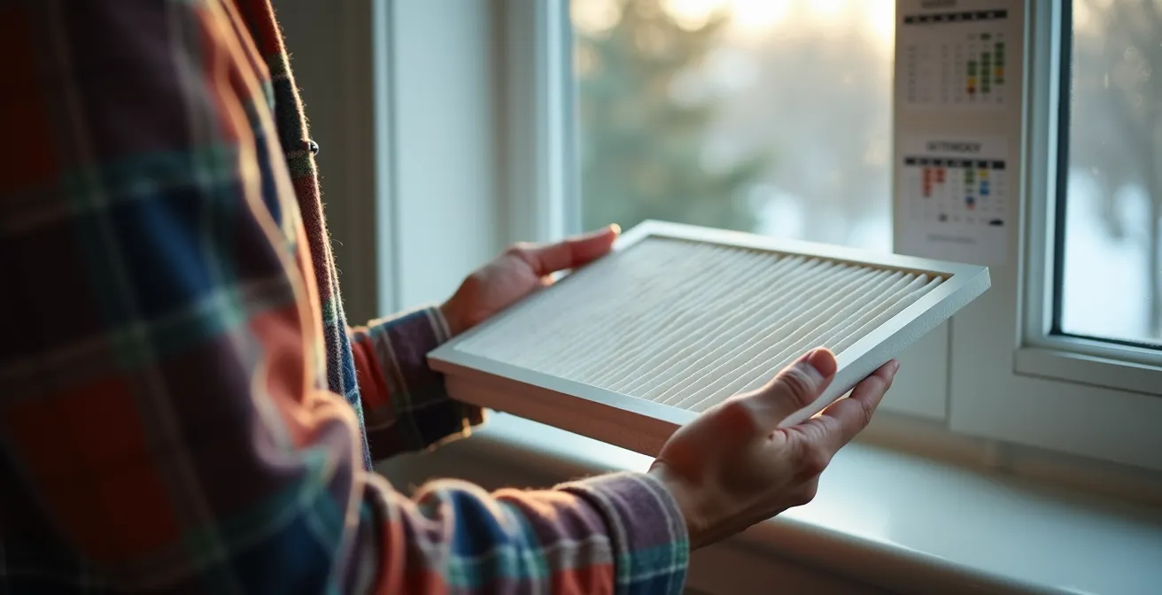 Main tenant un filtre de VRC propre avec un calendrier saisonnier en arrière-plan symbolisant l'entretien adapté au climat québécois.