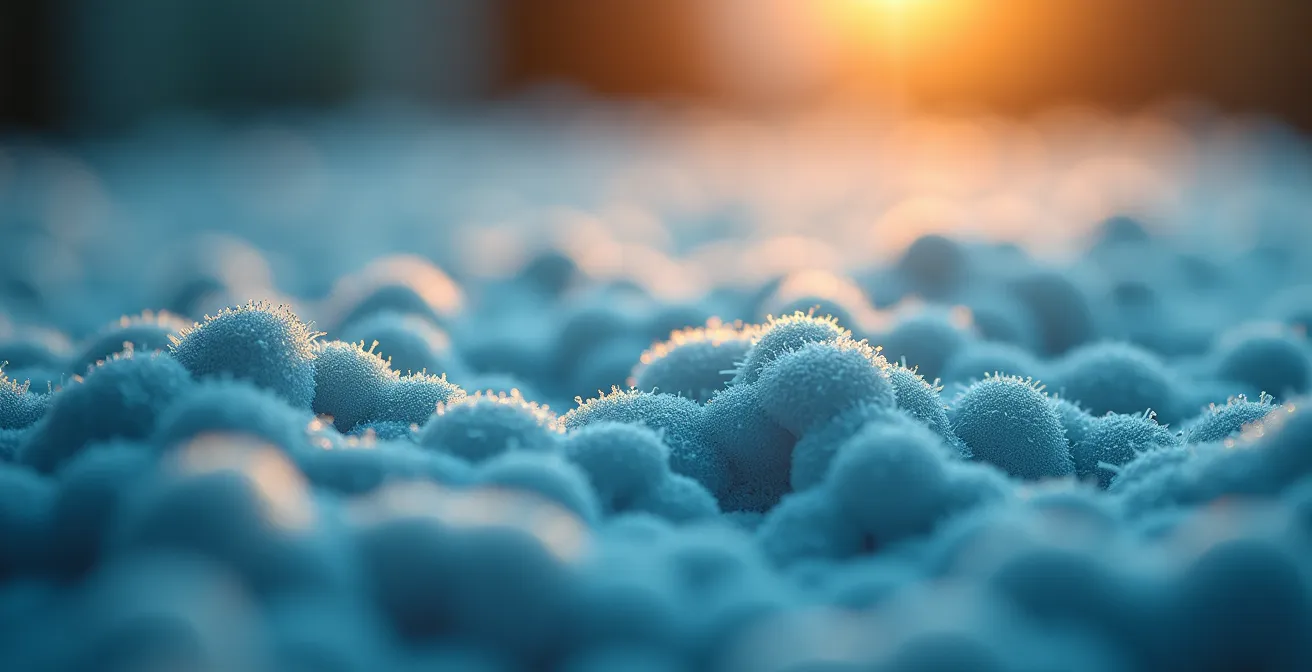 Gros plan sur une texture d'isolant moderne avec jeu de lumière révélant sa structure alvéolaire