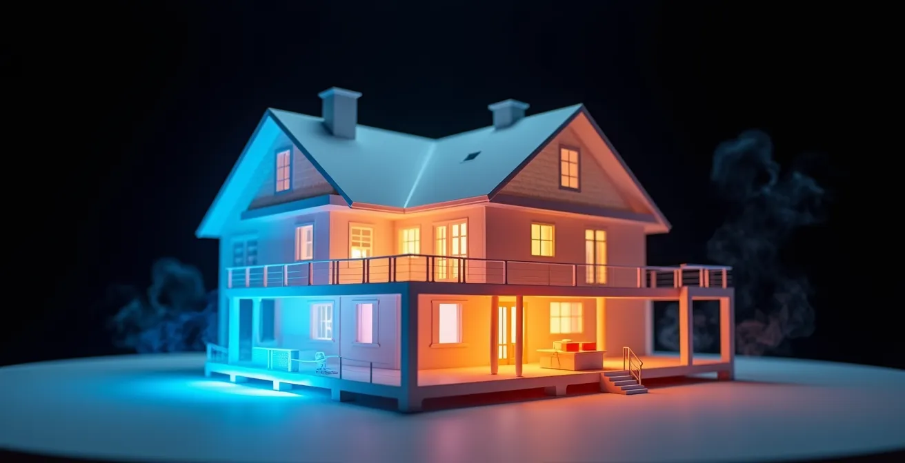 Coupe architecturale d'une maison montrant les 10 points critiques d'infiltration d'air avec imagerie thermique