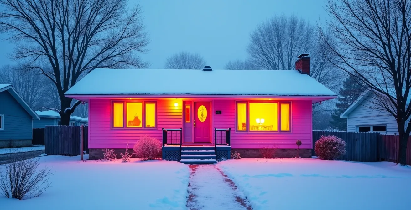 Vue thermographique d'un bungalow québécois montrant les zones de déperdition de chaleur aux jonctions critiques.