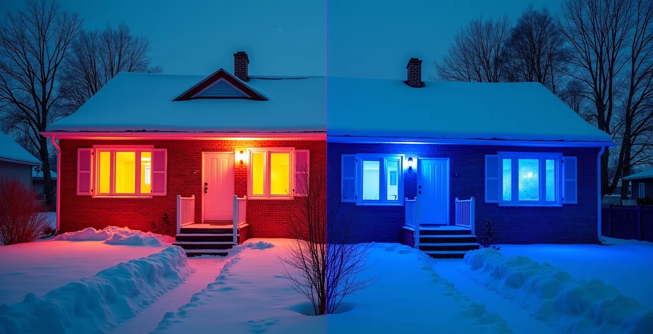 Vue thermographique comparative de deux maisons québécoises montrant les différences de déperdition de chaleur