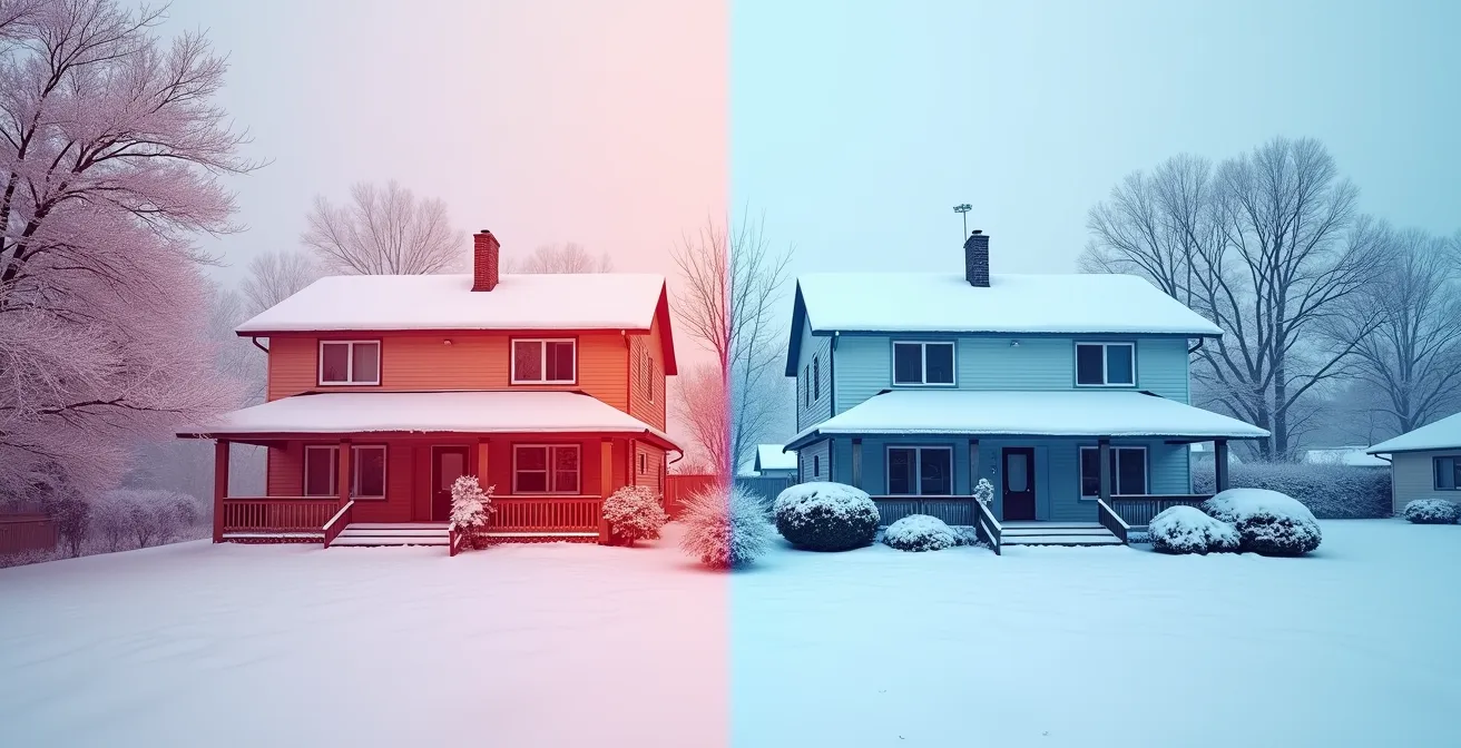 Vue aérienne montrant deux maisons québécoises côte à côte avec des signatures thermiques contrastées