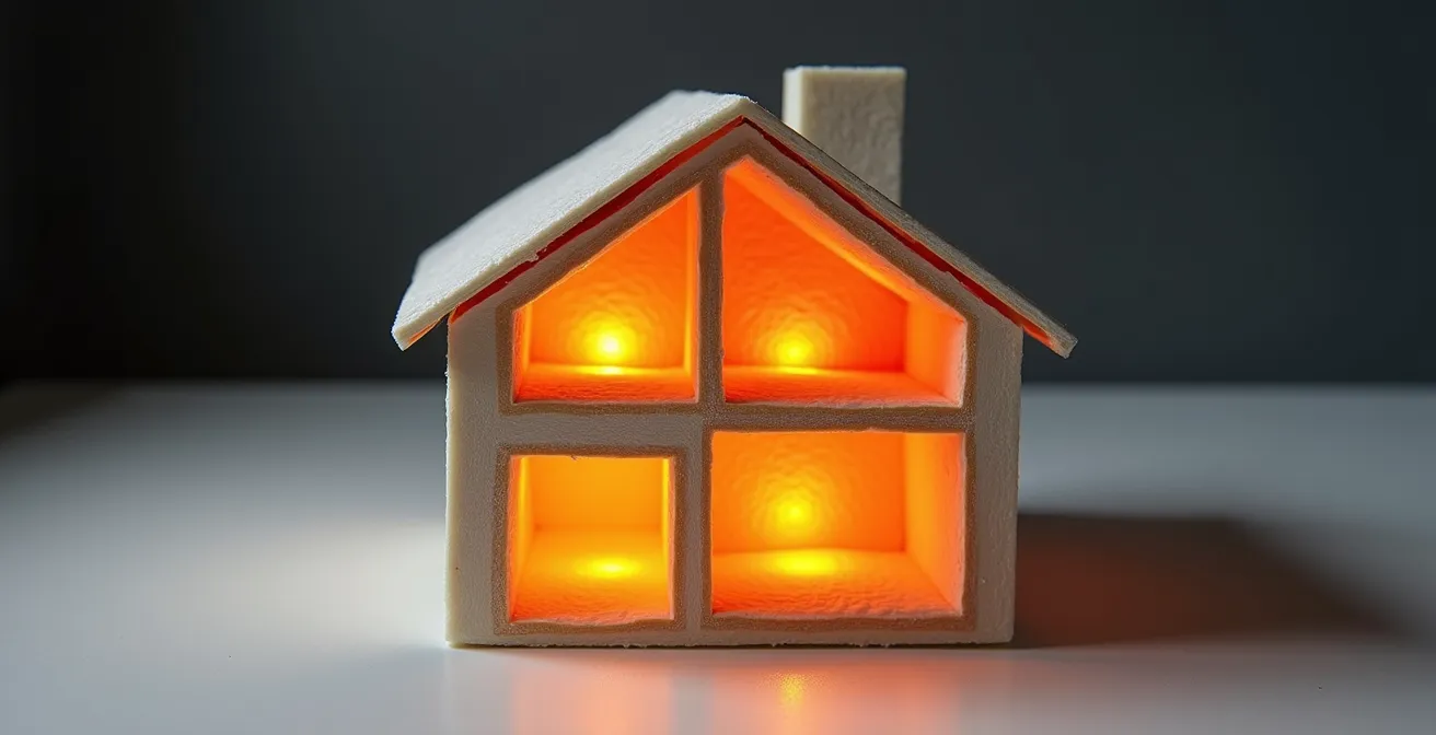 Coupe transversale d'une maison montrant différentes zones d'isolation avec leur efficacité thermique