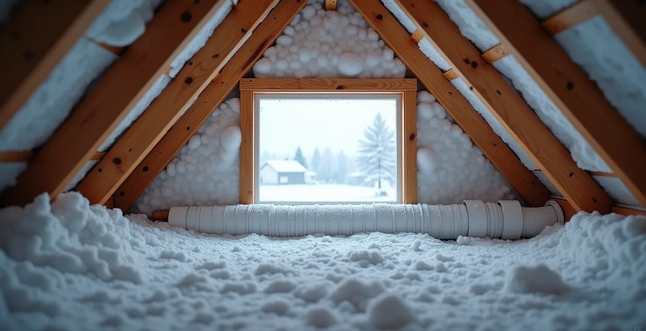 Conduits de ventilation isolés dans un grenier québécois en hiver