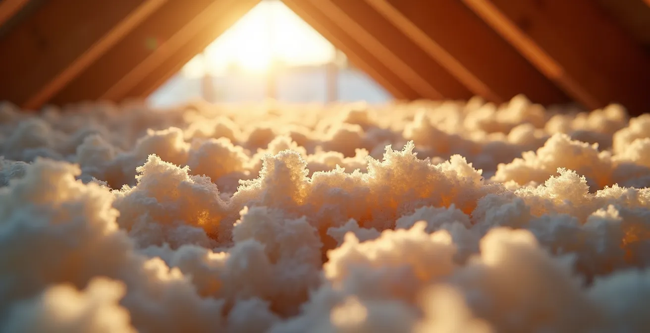 Coupe transversale montrant le déphasage thermique de l'isolation en cellulose dans un grenier, bloquant la chaleur estivale.