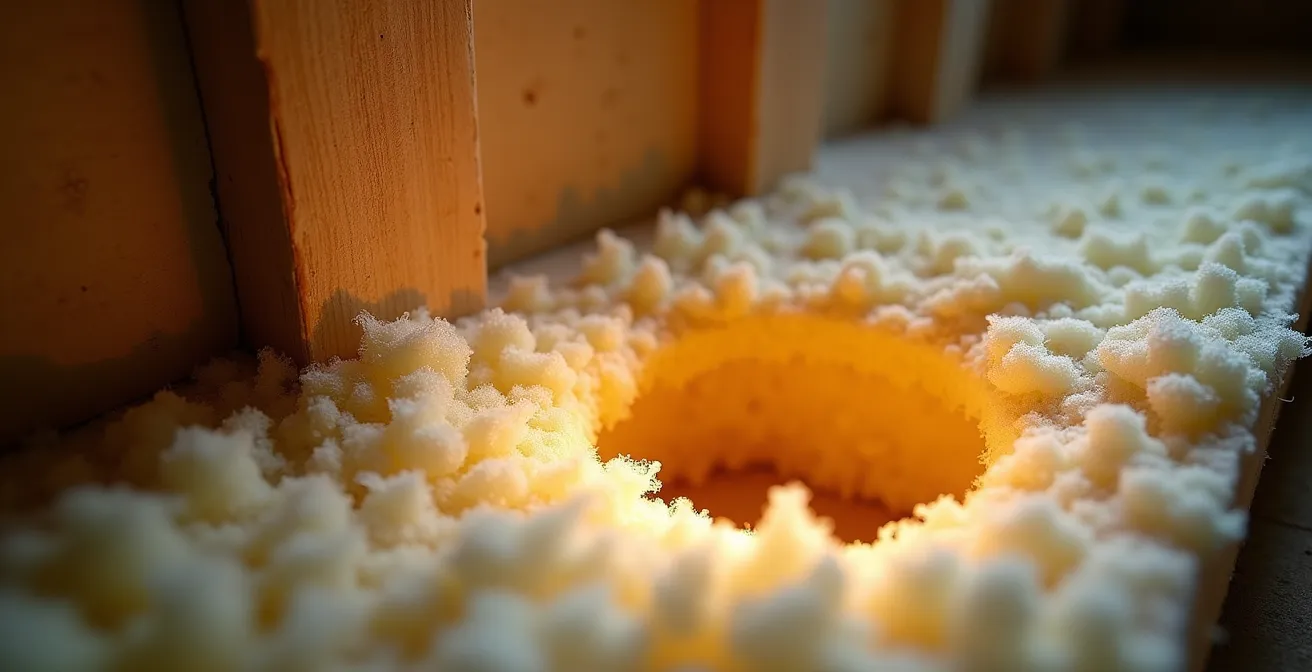 Vue macro d'un vide dans l'isolant créant une boucle de convection thermique