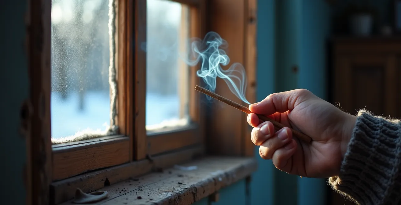 Main tenant un bâton d'encens près d'une fenêtre, la fumée déviée révélant une infiltration d'air invisible