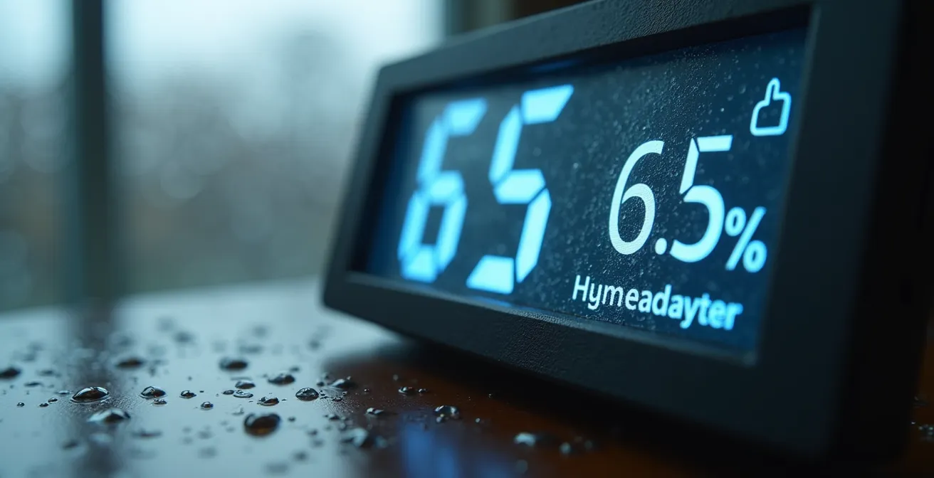 Vue macro d'un hygromètre digital posé sur un rebord de fenêtre avec condensation visible