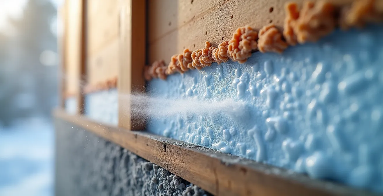 Vue macro de la vapeur d'eau traversant un mur par diffusion et fuite d'air