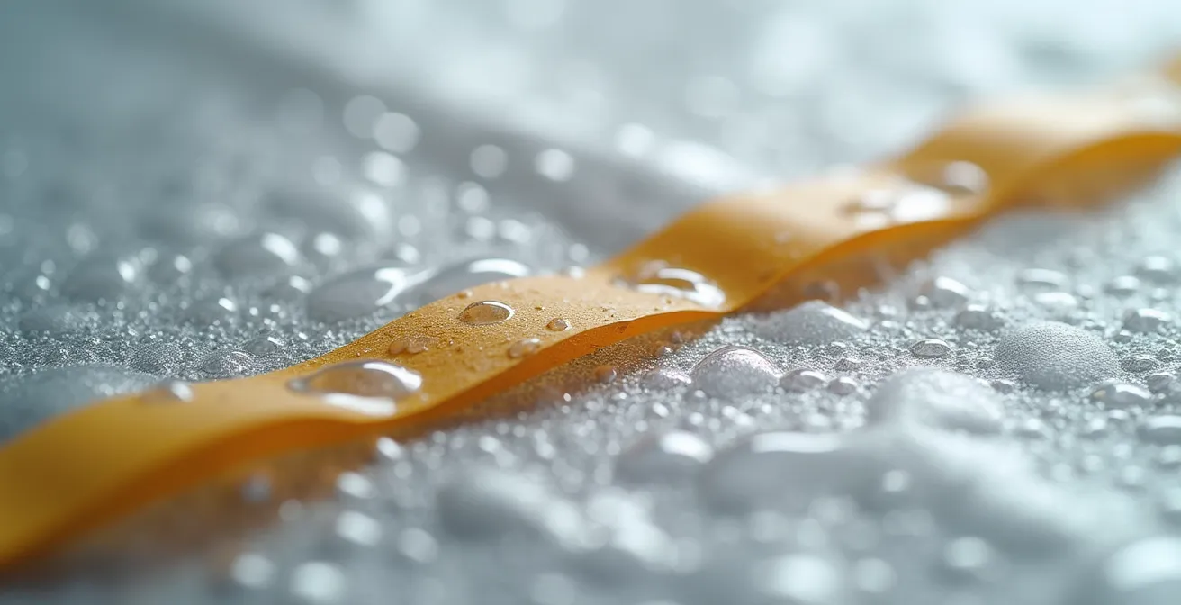 Détails macro de trois erreurs courantes de pose du pare-vapeur incluant perforation et mauvais ruban adhésif