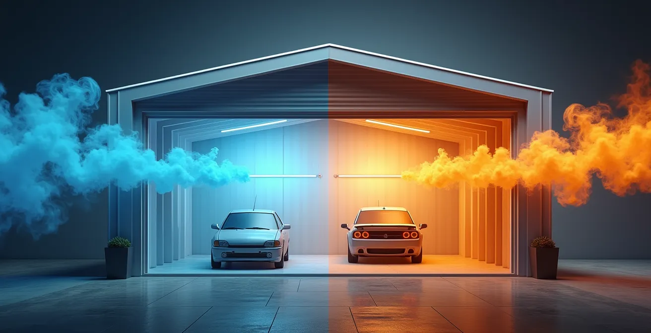 Vue en coupe d'une maison avec garage attenant montrant les points d'infiltration d'air