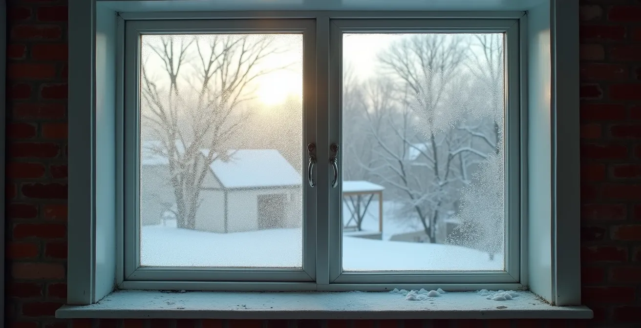 Fenêtre avec condensation entre les vitres montrant un thermos descellé typique du climat québécois