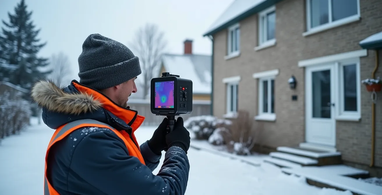 Expert en thermographie analysant les résultats d'une inspection avec équipement professionnel au Québec