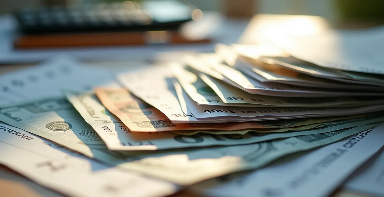 Visualisation de l'accumulation des coûts énergétiques au fil des années, montrant des piles de factures qui grandissent