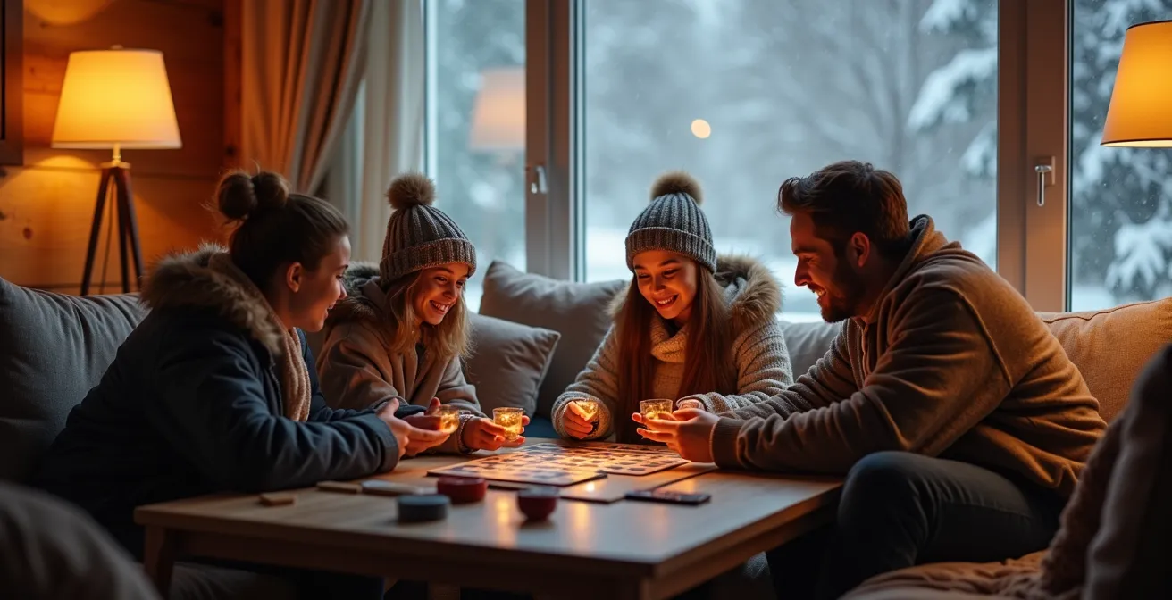 Famille québécoise souriante dans leur salon chaleureux avec vue sur tempête de neige à l'extérieur