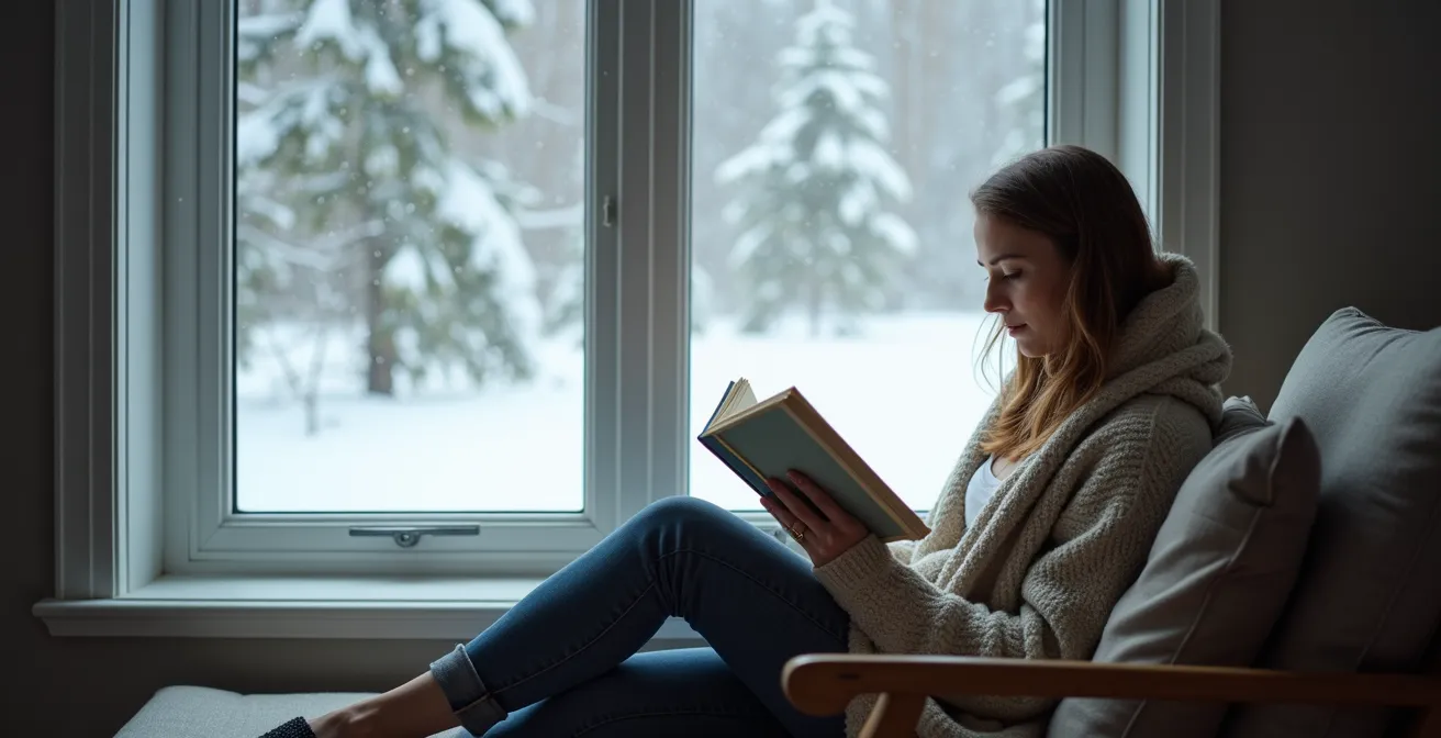 Femme lisant paisiblement près d'une fenêtre triple vitrage pendant tempête de neige