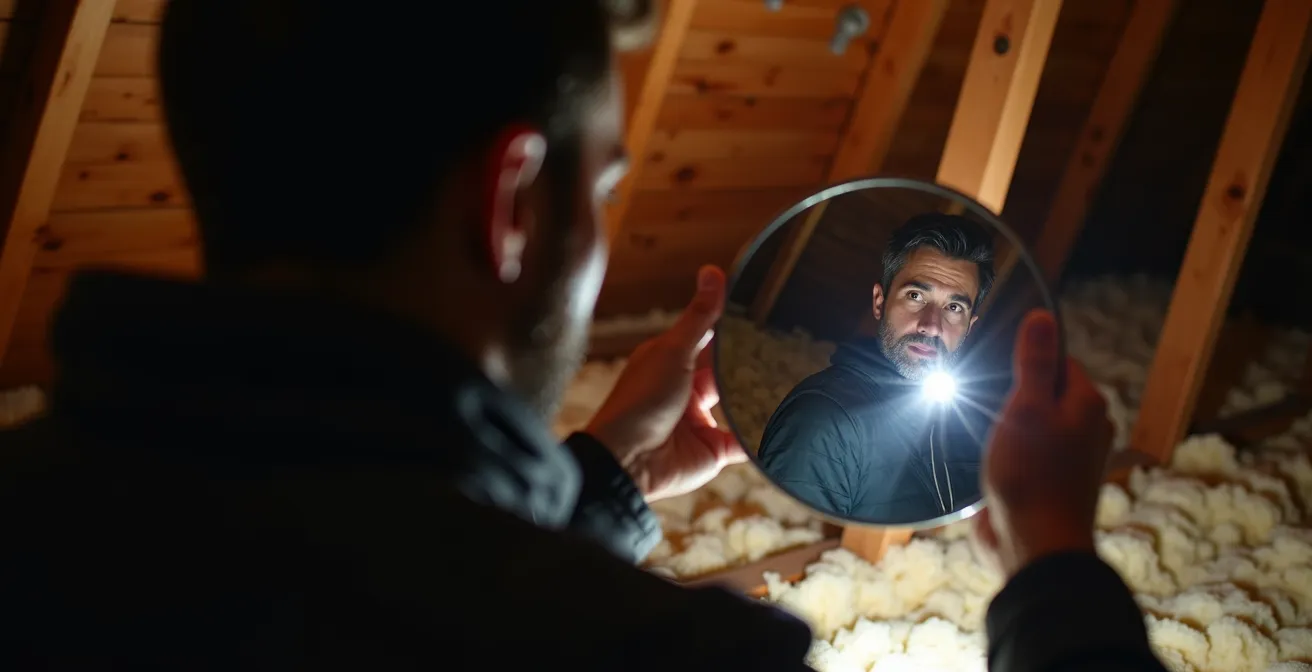 Vue de l'entretoit d'une maison québécoise montrant l'inspection de l'isolation pour détecter les nuisibles