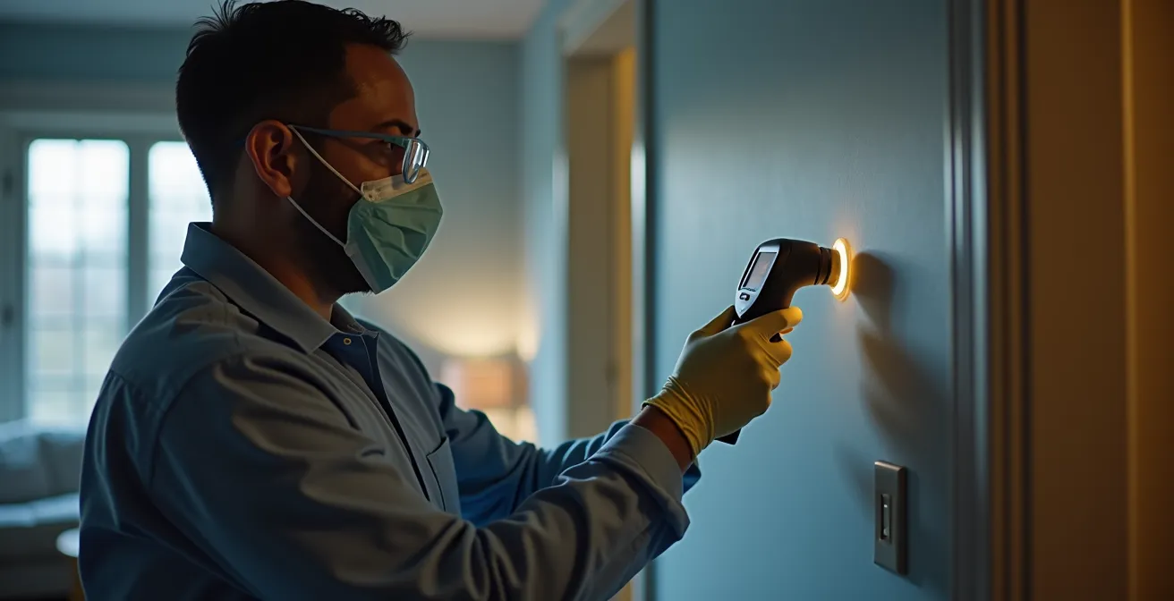 Expert en décontamination inspectant un mur avec équipement professionnel